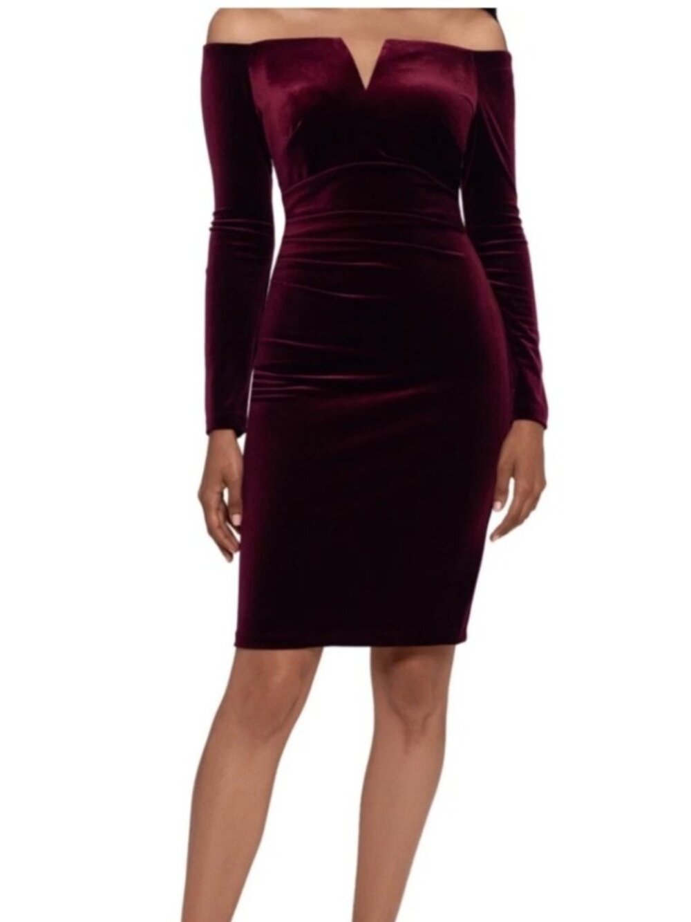 XSCAPE Burgundy Velvet Off Shoulder Dress Size 12 V Wire Long Sleeve Sheath
